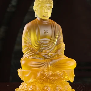 Bouddha en Méditation sur Grand Lotus en Glacis Coloré