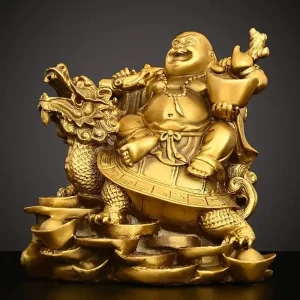Bouddha Rieur Feng Shui Assis sur Dragon