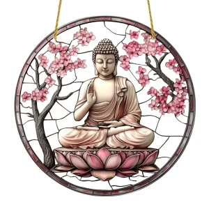 Acrylique de Bouddha Méditant sous des Cerisiers en Fleurs