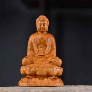 Bouddha Méditant sur Lotus en Bois