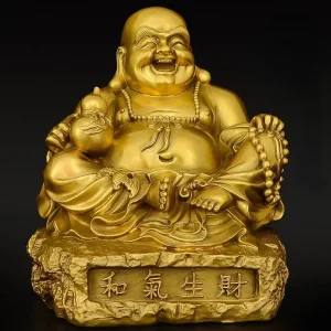 Bouddha Rieur Assis en Cuivre Doré