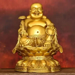 Bouddha Rieur sur Lotus en Cuivre