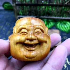Quatre Têtes de Bouddha Rieur en Bois de Cyprès