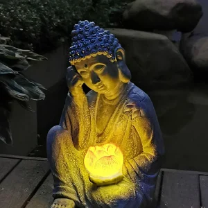 Statue Bouddha Pensif de Jardin avec Lotus Solaire