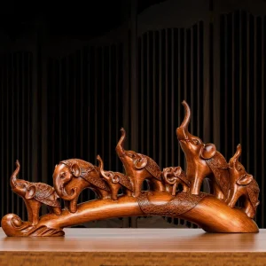 Sculpture Feng Shui de Sept Éléphants Style Bois
