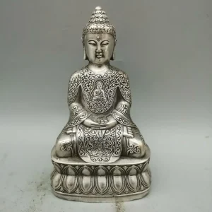 Statue Bouddha Amitabha en Cuivre Argenté