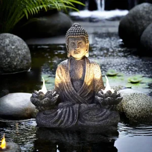 Sculpture Bouddha avec Deux Lotus Lumière Blanche